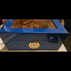 Blue Humidor Spanish Cedar Brass Ring Glass Hygrometer